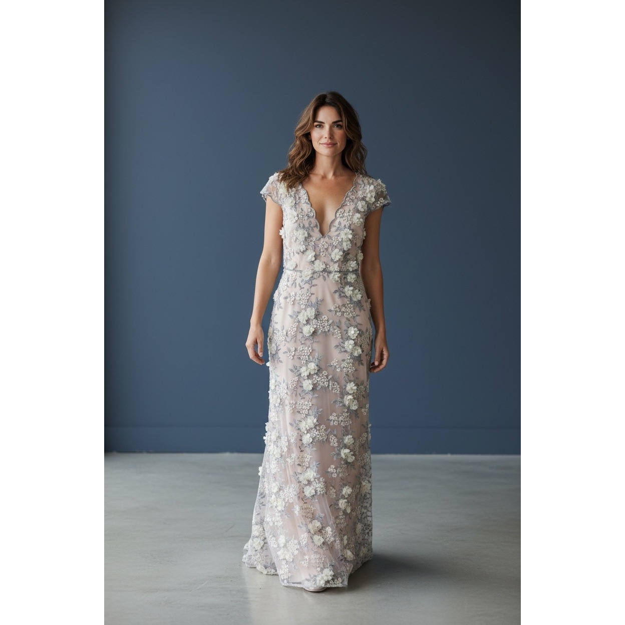 Badgley Mischka Eg2378 Silver Multi Embellished Floral Gown Size 6